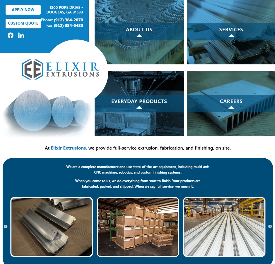 Elixir Extrusions website preview