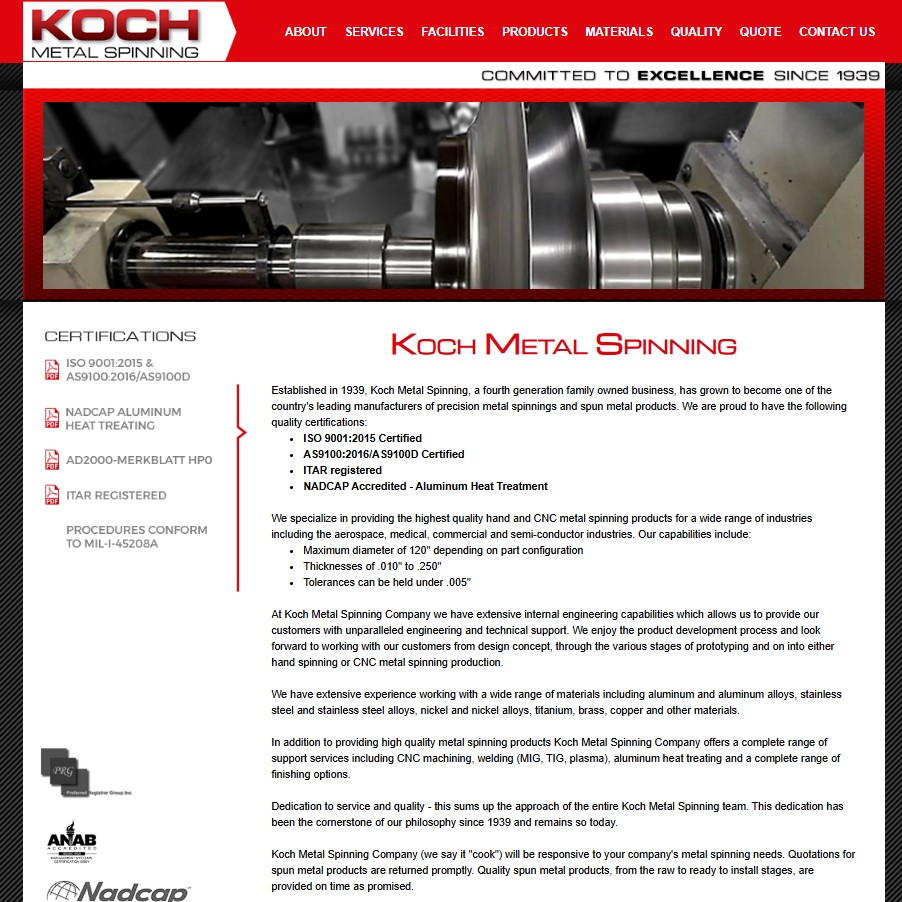 Koch Metal Spinning website preview