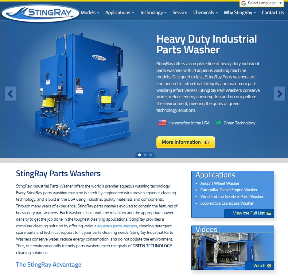 StingRay Parts Washer website preview