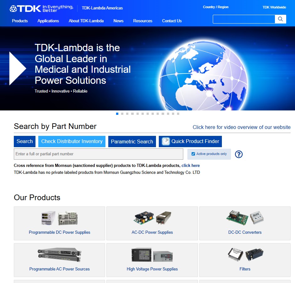TDK-Lambda Americas Inc. website preview